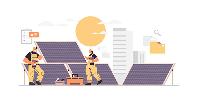 technician workers near solar panels station engineers checking alternative energy and using sunlight for producing electric